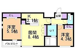 ル・ヌアージュ山鼻南 2LDKの間取図画像