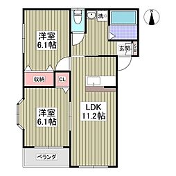 ハーヴェスト玉村 1階2LDKの間取り
