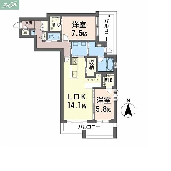 岡山県岡山市北区上中野1丁目(賃貸マンション2LDK・4階・79.25㎡)の写真 その2