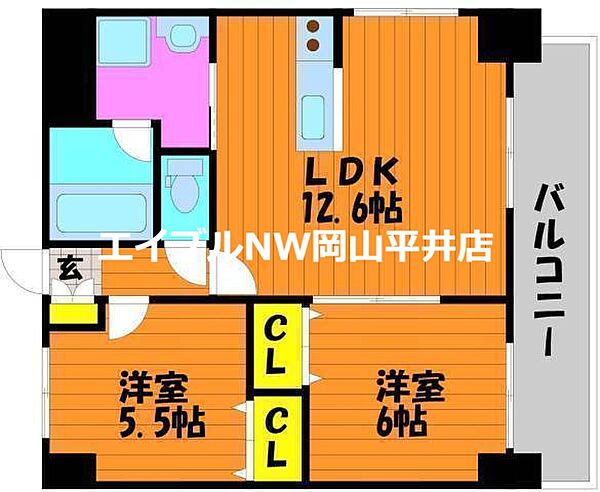 岡山県岡山市中区森下町(賃貸マンション2LDK・7階・55.12㎡)の写真 その2