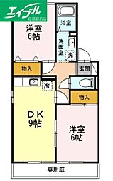 リトルバード津高B棟 2DKの間取図画像