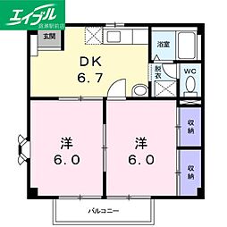 ベルフラワー1 2DKの間取図画像