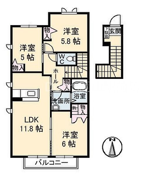 岡山県岡山市北区久米(賃貸アパート3LDK・2階・68.09㎡)の写真 その2