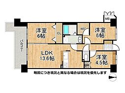 メロディハイム枚方A棟 3LDKの間取図画像