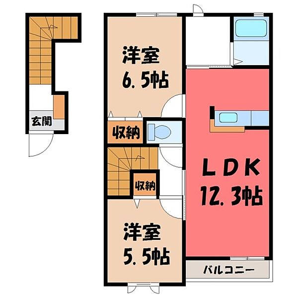 メゾン・トレゾール B ｜栃木県下都賀郡野木町大字友沼(賃貸アパート2LDK・2階・61.63㎡)の写真 その2