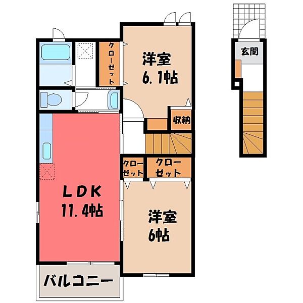 マリッチＹＳ．壱番館 ｜栃木県小山市粟宮1丁目(賃貸アパート2LDK・2階・57.07㎡)の写真 その2