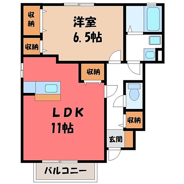 ラルジュメゾン B ｜栃木県栃木市平柳町2丁目(賃貸アパート1LDK・1階・44.90㎡)の写真 その2