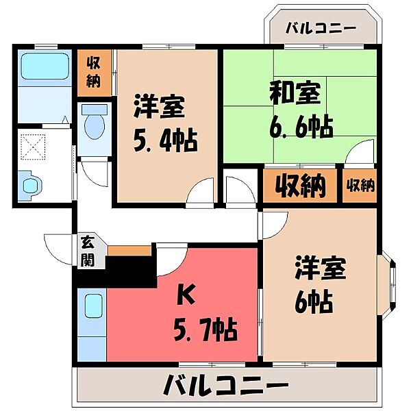 ラ・セゾン西城 ｜栃木県小山市西城南1丁目(賃貸マンション3K・2階・54.00㎡)の写真 その2