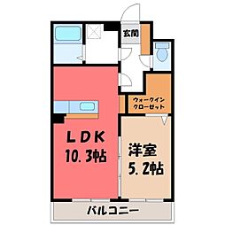 JR東北新幹線 小山駅 徒歩19分の賃貸マンション 2階1LDKの間取り