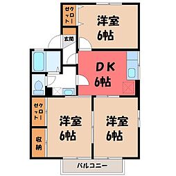 JR東北本線 小山駅 3.3kmの賃貸アパート 1階3DKの間取り