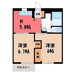 JR水戸線 川島駅 徒歩15分の賃貸アパート 2階2Kの間取り