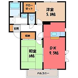 JR水戸線 結城駅 徒歩15分の賃貸アパート 2階2DKの間取り