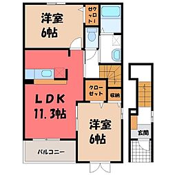 JR水戸線 川島駅 徒歩20分の賃貸アパート 2階2LDKの間取り