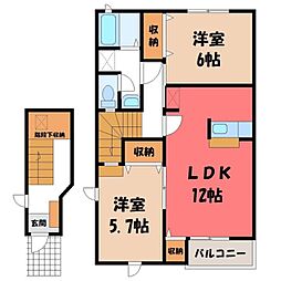 JR東北本線 小山駅 バス10分 東京オート前下車 徒歩7分の賃貸アパート 2階2LDKの間取り