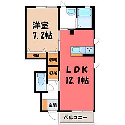 東武宇都宮線 新栃木駅 徒歩23分の賃貸アパート 1階1LDKの間取り