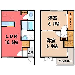 関東鉄道常総線 大田郷駅 徒歩14分の賃貸テラスハウス 1階2LDKの間取り