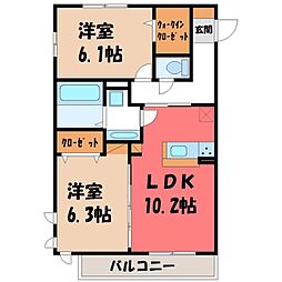 JR東北本線 小山駅 徒歩19分の賃貸アパート 3階2LDKの間取り