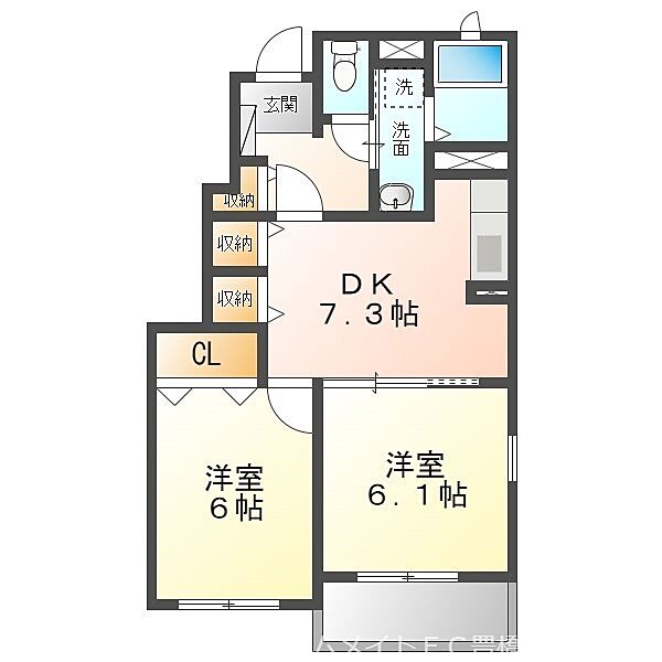 ユトリロ緑ヶ丘2Ｂ ｜愛知県豊橋市緑ケ丘2丁目(賃貸アパート2DK・1階・45.89㎡)の写真 その2