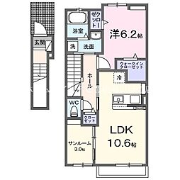 サザンウィンド26　II 2階1LDKの間取り