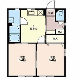 ロージナ中郷B 1階2Kの間取り