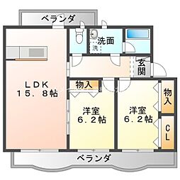 カーサノーブル 1階2LDKの間取り