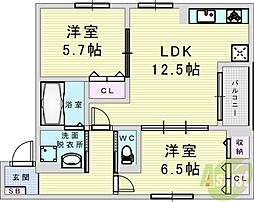 大阪市東淀川区西淡路4丁目アパート 2LDKの間取図画像
