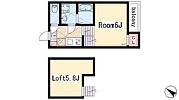 ル ソレイユ安田通 2階1Kの間取り