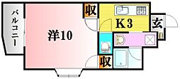 フローラ西原 1Kの間取図画像