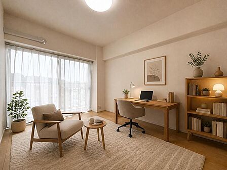※こちらの画像はCG家具になります。バルコニーに面した5.6帖洋室。全ての居室に収納を設置。お部屋にあまり収納家具を置く必要が無くなり、ゆったりとした住空間が実現可能です。