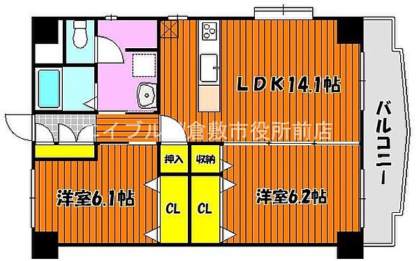 ローズヒルズ ｜岡山県倉敷市西阿知町(賃貸マンション2LDK・6階・64.60㎡)の写真 その2