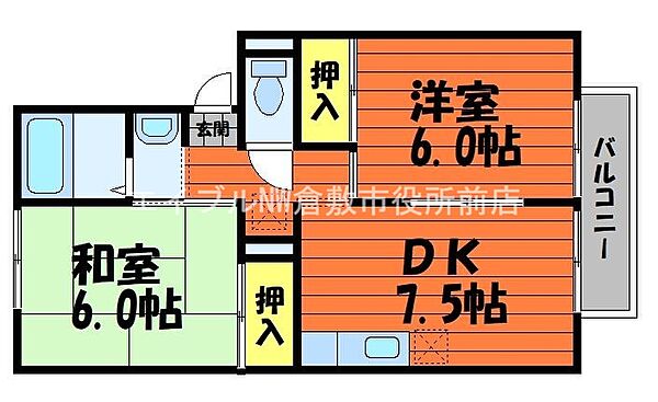 ハートハウスII ｜岡山県倉敷市上富井(賃貸アパート2DK・2階・46.09㎡)の写真 その2