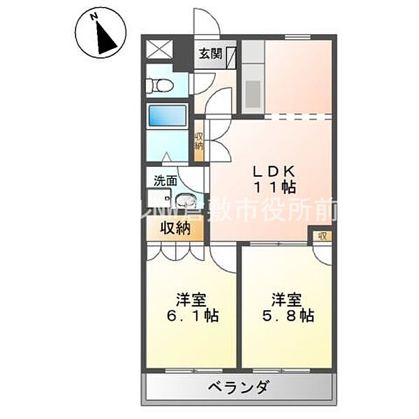 サンフィット ｜岡山県倉敷市玉島阿賀崎3丁目(賃貸アパート2LDK・2階・51.30㎡)の写真 その2