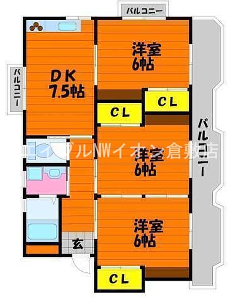 岡山県倉敷市西中新田(賃貸マンション3DK・3階・63.39㎡)の写真 その2