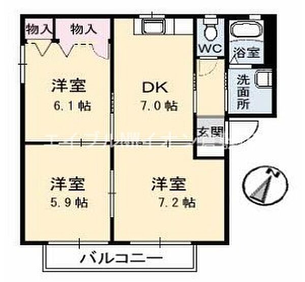 岡山県倉敷市新倉敷駅前3丁目(賃貸アパート3DK・1階・56.09㎡)の写真 その2