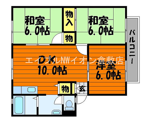 岡山県倉敷市福井(賃貸アパート3DK・1階・59.30㎡)の写真 その2