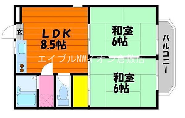 岡山県倉敷市西中新田(賃貸アパート2LDK・1階・39.01㎡)の写真 その2