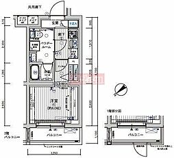 メインステージ不動前2 1Kの間取図画像