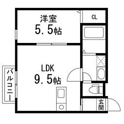 リングフィールド連坊駅前II 2階1LDKの間取り