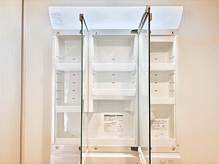 三面鏡の裏に、化粧品や衛生用品などを収納可能。洗面台をすっきりと保ちます!