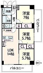 サンハイム第2中津 3LDKの間取図画像