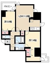 プレミアムコート葵 12階2LDKの間取り
