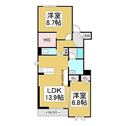 シャーメゾンＰｒｅｍｉａｓ 2階2LDKの間取り