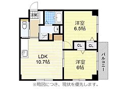 名古屋市営名城線 東別院駅 徒歩13分の賃貸マンション 6階2LDKの間取り