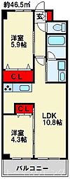 コンダクトレジデンス下城野 3階2LDKの間取り