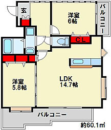 ニューサンリバー12番館 2LDKの間取図画像