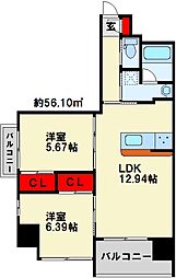 ウイングス城野駅前 2LDKの間取図画像
