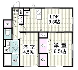 フォルトゥーナ松陰 2LDKの間取図画像