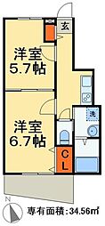 JR常磐線 松戸駅 徒歩8分の賃貸アパート 1階2Kの間取り