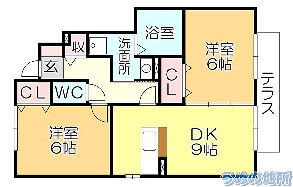 ウィズテリアB棟 107｜福岡県久留米市高良内町(賃貸アパート2DK・1階・52.33㎡)の写真 その2