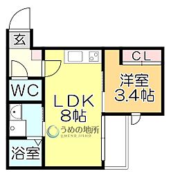 フィーリックス久留米大前II 1階1LDKの間取り